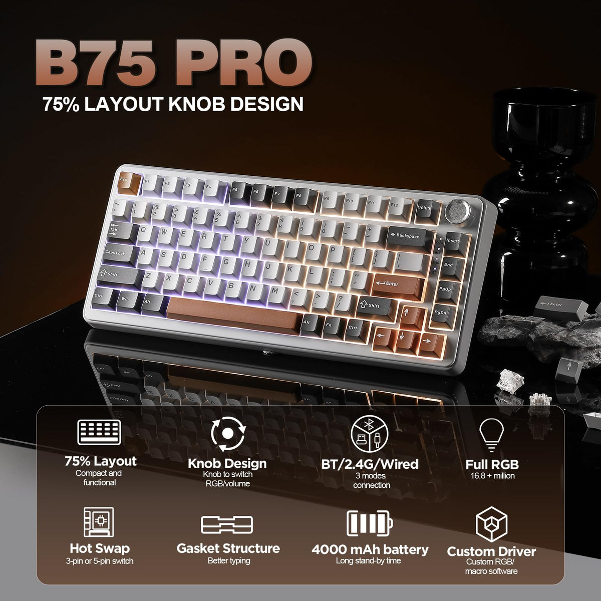 YUNZII B75 PRO 75% Wireless Mechanical Keyboard (Black Heart,Cocoa Switch)