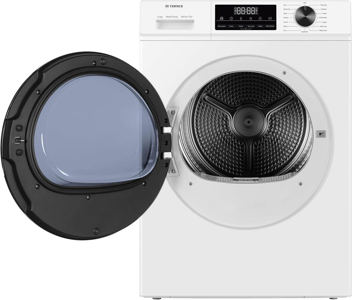 Teknix TK3HP10XW 60cm Freestanding 10kg Heatpump Front Load Tumble Dryer - Quick Dry Function - 3 Year Cover - Suitable for Garages - Allergy Care - Shoe Drying Rack - White - A++ Rated