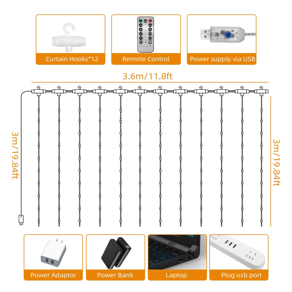 Jsdoin Curtain Fairy Lights, 3.6m x 3m 360leds USB Operated 8 Modes String Light Indoor Waterproof Hanging Window Lights with Hooks for Christmas, Wedding, Party,Wall, Home Decorations (Warm White)