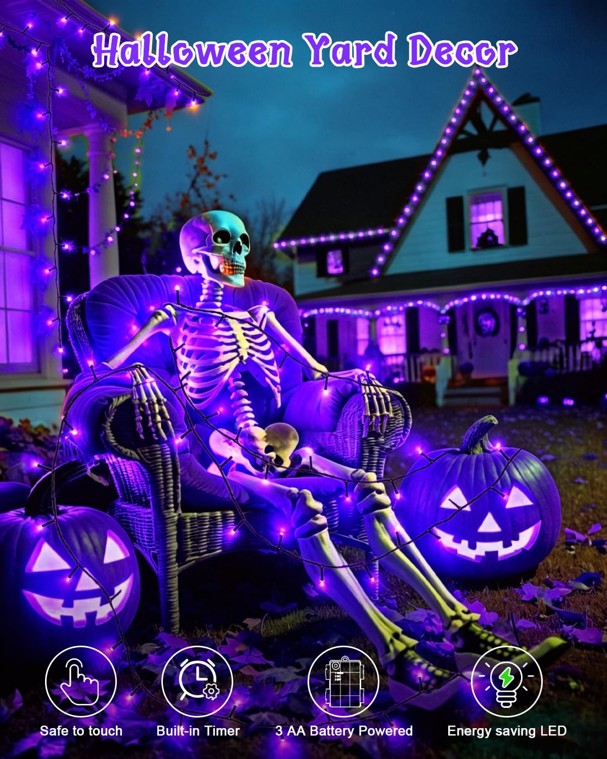 Dalugo Halloween Decoration Lights, 5M 50 LED Orange Purple White Fairy Lights with Timer, IP65 Waterproof Battery Powered Lights for Indoor Outdoor Autumn Halloween Decorations(Green Wire)