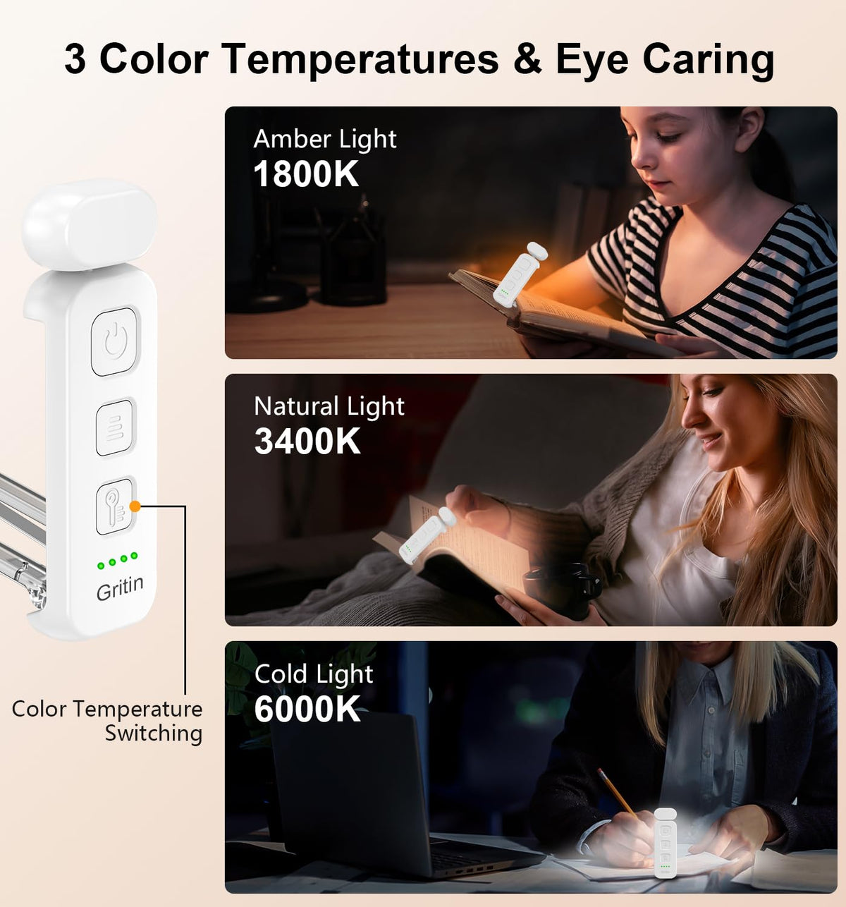 Gritin Book Light Rechargeable, Reading Light Lamp Clip on Books