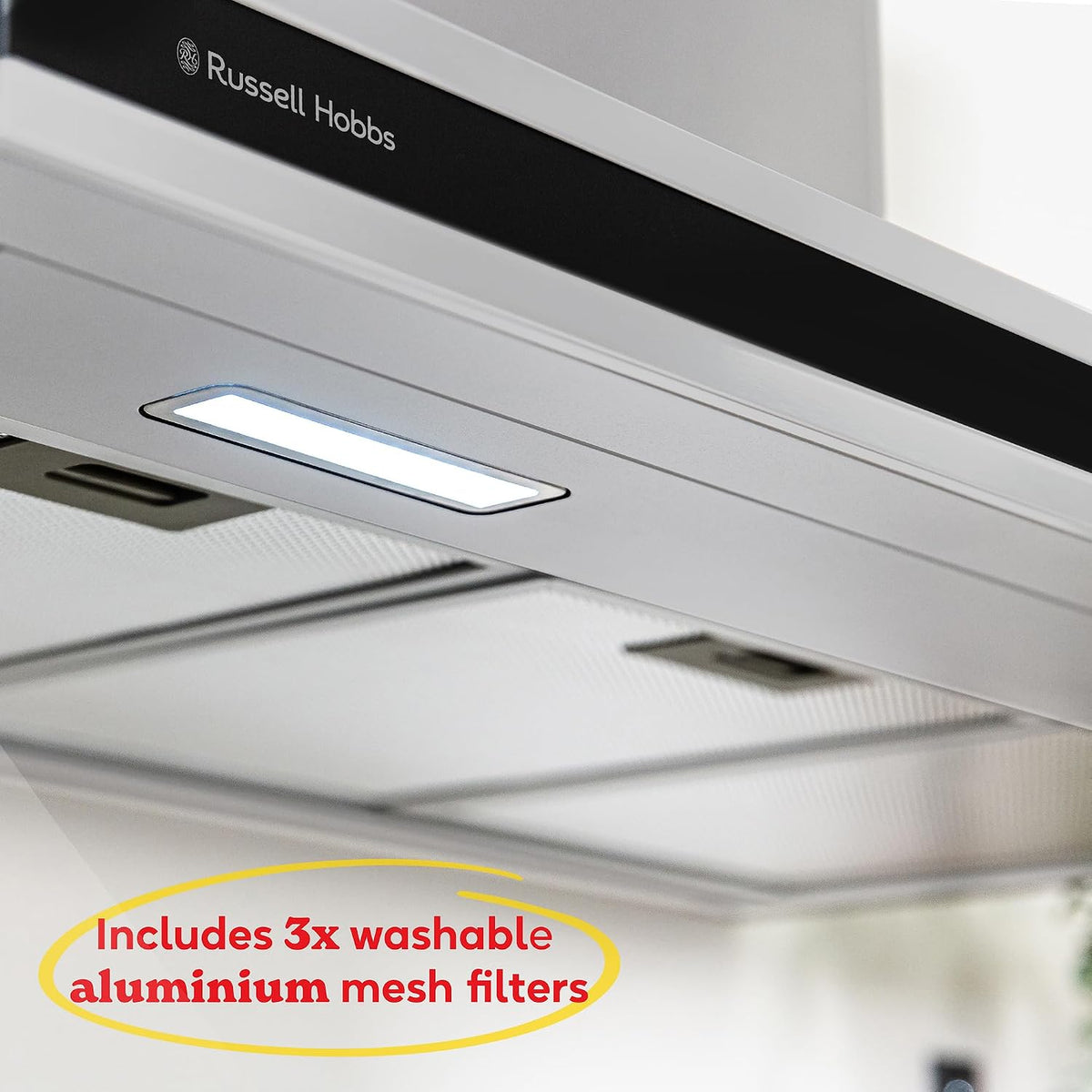 Russell Hobbs 90cm T-Shaped Cooker Hood in Stainless Steel with 3 Speed Settings, 3x Washable Aluminium Filters, Extraction or Recirculation, Boost Function, LED Lights A++ Energy Rating, RHGCH903SS
