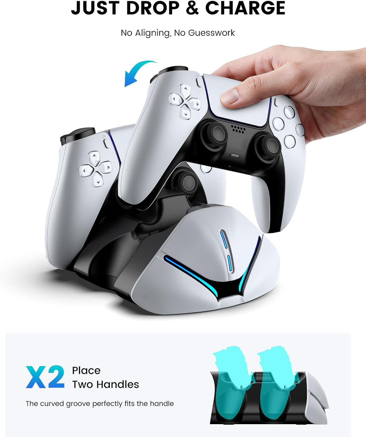 HELLCOOL PS5 Charging Charger for DualSense & Edge, Fast Charge 2 Controllers Simultaneously, Drop&Go No Alignment, LED Indicator with Touch Off, Smart Safety Protection, with 1m USB-C Cable