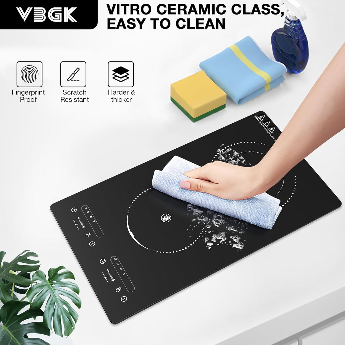 VBGK 2 Ring Electric Hob with Knob, 220V 3000W Double Ceramic Hob, 9 Power Levels, Kids Lock & Timer, Hot Surface Indicator, Overheat Protection, Knob and Touch Control Double Electric Hob