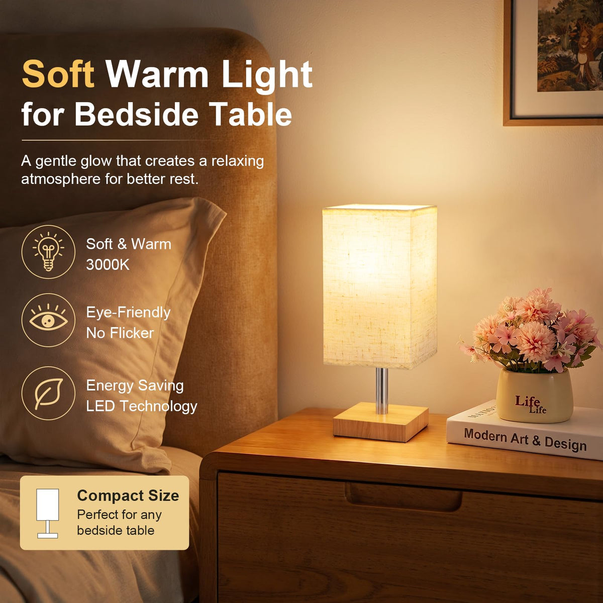 White Table Lamp for Bedroom, Small Bed Lamp with for Bedroom, Silver Base(Bulb Included)