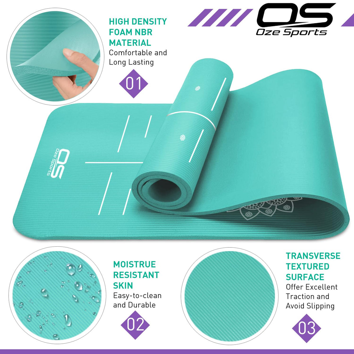 OZE SPORTS Yoga Mat, NBR Foam, Extra Thick, Non-Slip, High Density, Large, for Pilates, Gymnastics, HiiT and Fitness, with Free Carry Strap