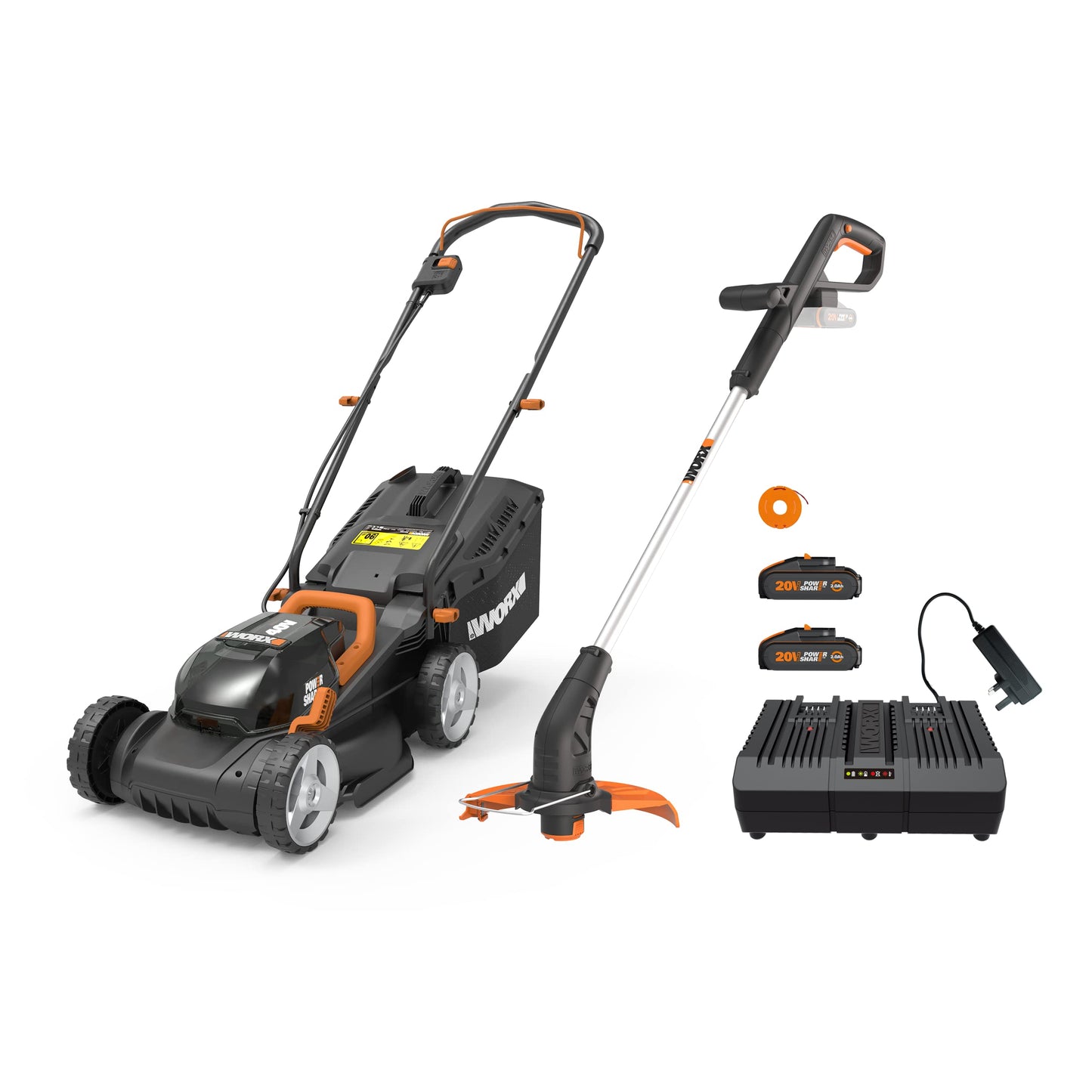 Worx WG779E.2 40V 34cm Cordless Lawnmower, ideal for Gardens up to 230㎡, Cut-to-Edge, striped Lawn Roller, foldable Handle, PowerShare, includes 2x 2.0Ah Batteries, Charger & 30L Grass collection bag