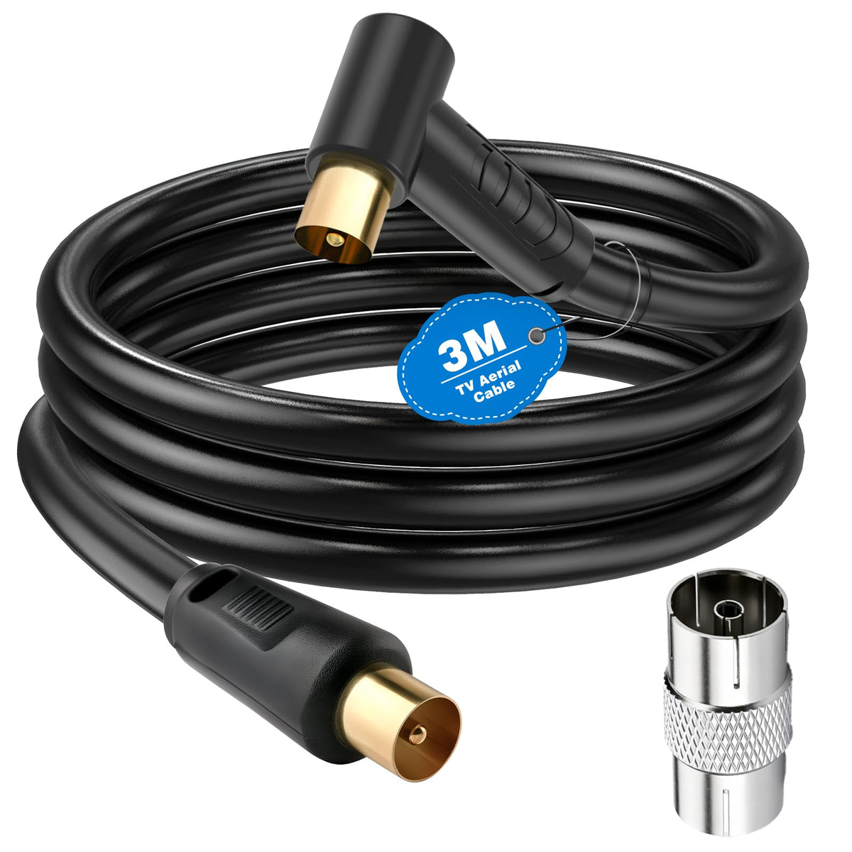 Ancable TV Aerial Cable with Coaxial Adapter 1M Black TV Ariel Lead