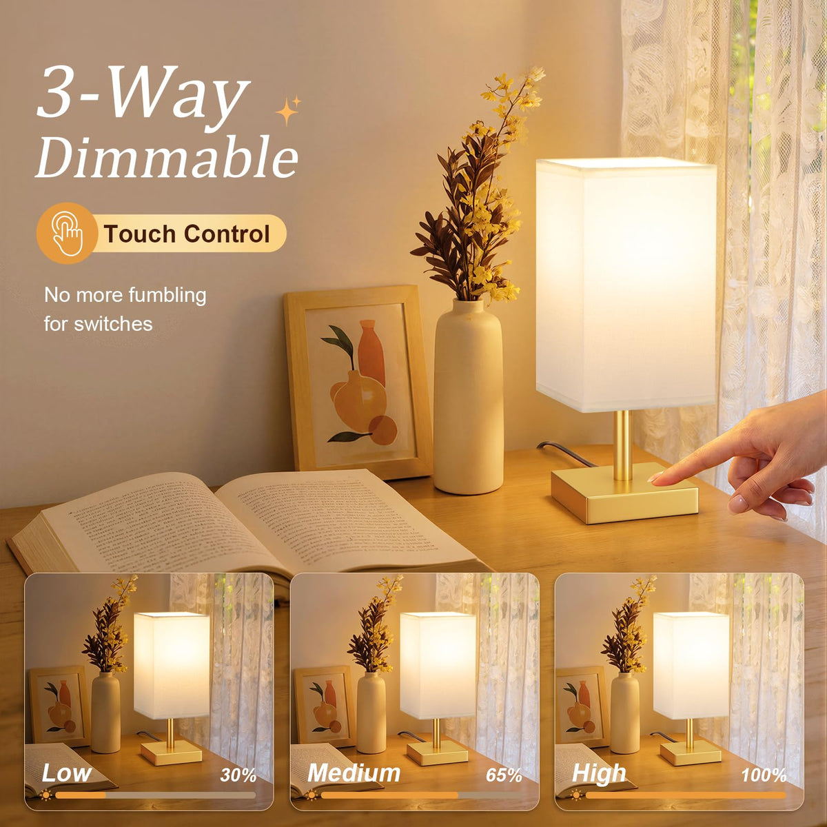White Table Lamp for Bedroom, Small Bed Lamp with for Bedroom, Silver Base(Bulb Included)