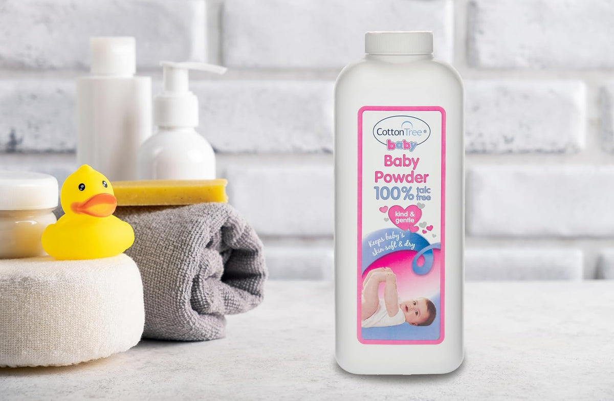 Cotton Tree Baby Powder - 100% Talc Free | Keeps Babies Skin Soft & Dry - Use After Nappy Changes or Bathtime | Kind & Gentle - Contains Vitamin E (White, 280g)