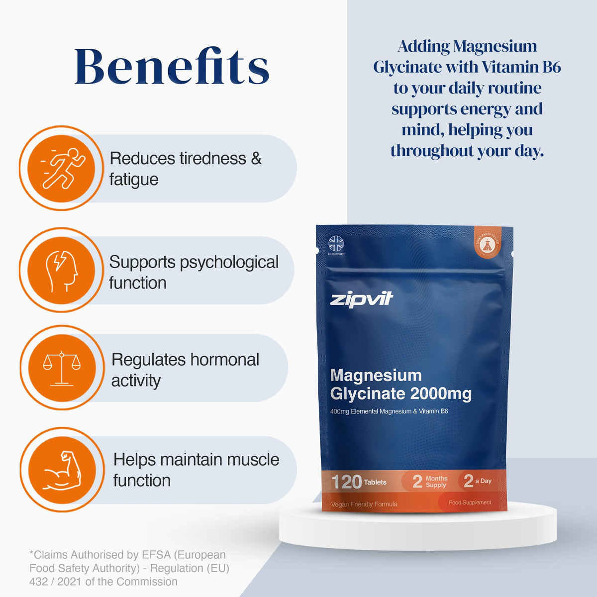 Zipvit Magnesium Glycinate 2000mg with Vitamin B6, 120 Tablets - Vegan