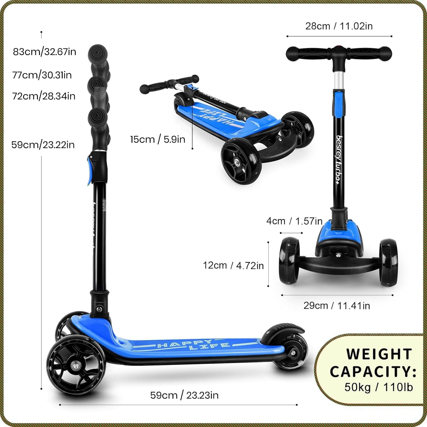 besrey 3-Wheel Toddler Scooter with Lean-to-Steer — Foldable, Anti-Slip Deck | Max 50 kg