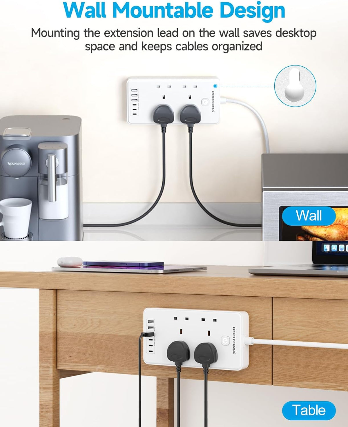 Extension Lead with 6 USB Slots (3 USB C), 4 Way Surge Protected, 3M