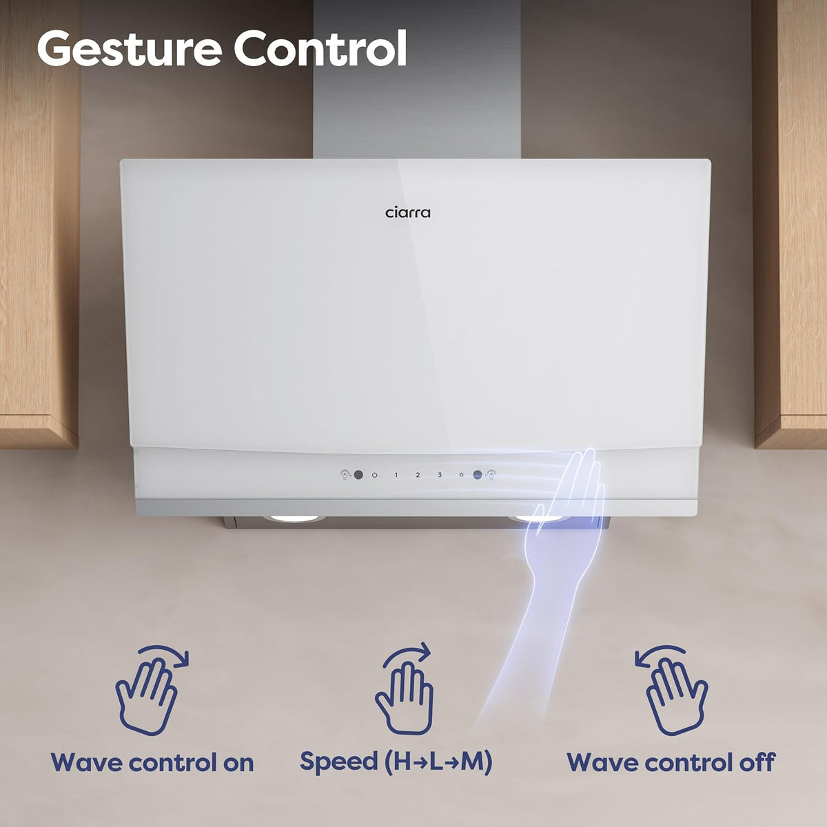 CIARRA 60cm White Angled Cooker Hood, Gesture Control, A+++, CBCW6736A