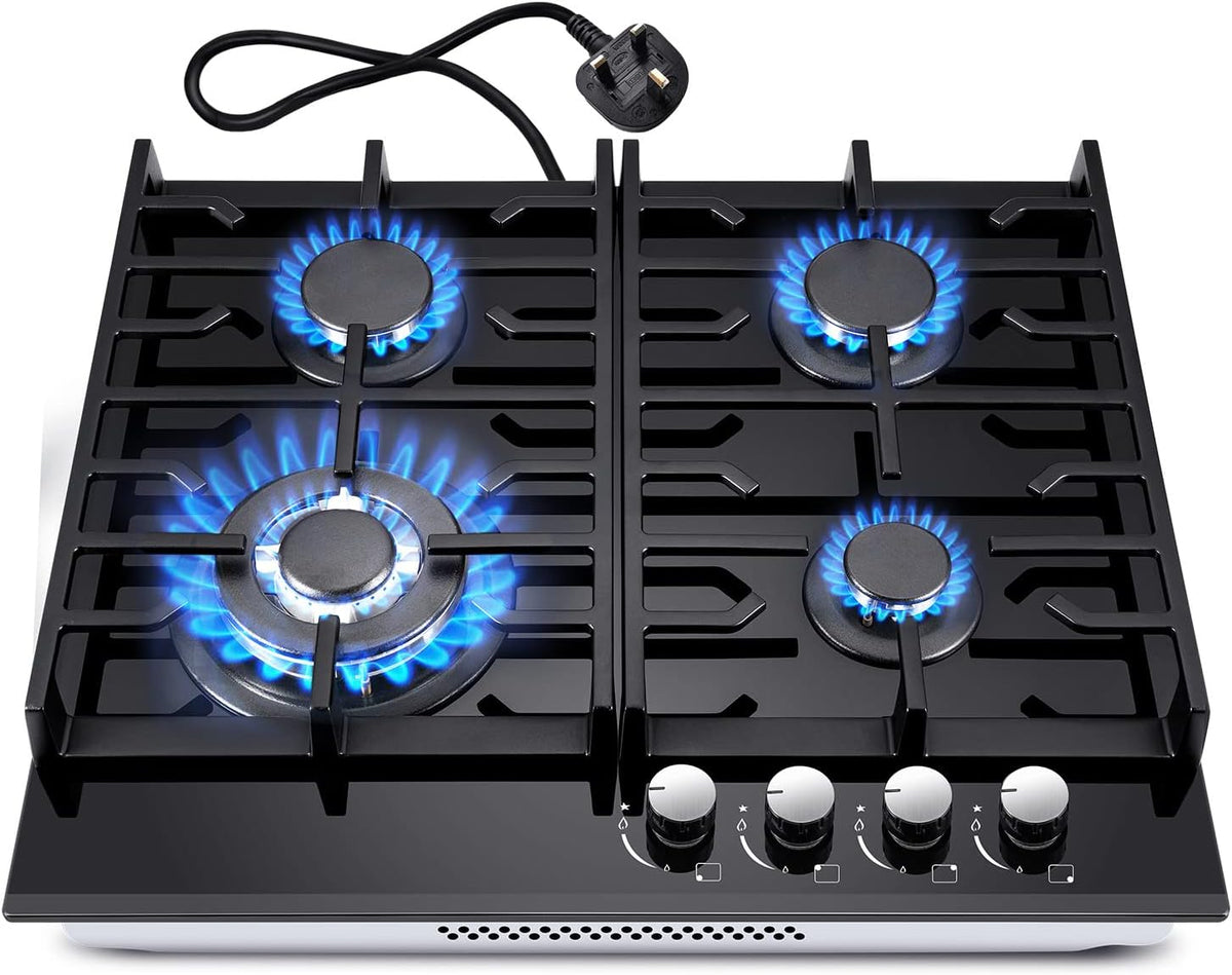 TopStrong Gas Hob 4 Burners, 60cm Black Glass Built-in Cooktop with 8060W Wok Burner & Thermocouple Protection, Natural Gas & LPG Compatible