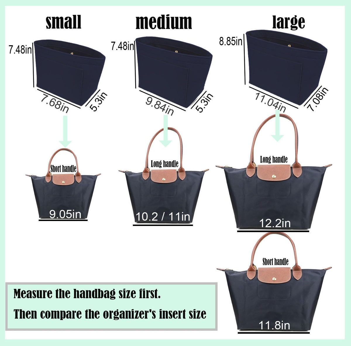 Lckaey tote bag organizer insert for Longchamp le pliage large tote insert felt purse zipper bag organizer 1028pink-S