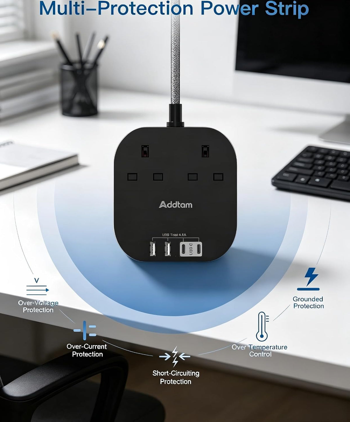 Addtam 3M Extension Lead with USB Slots, Power Strips with 2AC Outlets 4USB