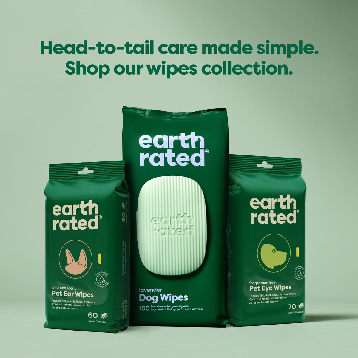 Earth Rated Pet Wipes for Dogs, Hypoallergenic, Cleaning and Hydrating, for Grooming Paws, Body and Bums, Unscented, 100 Count