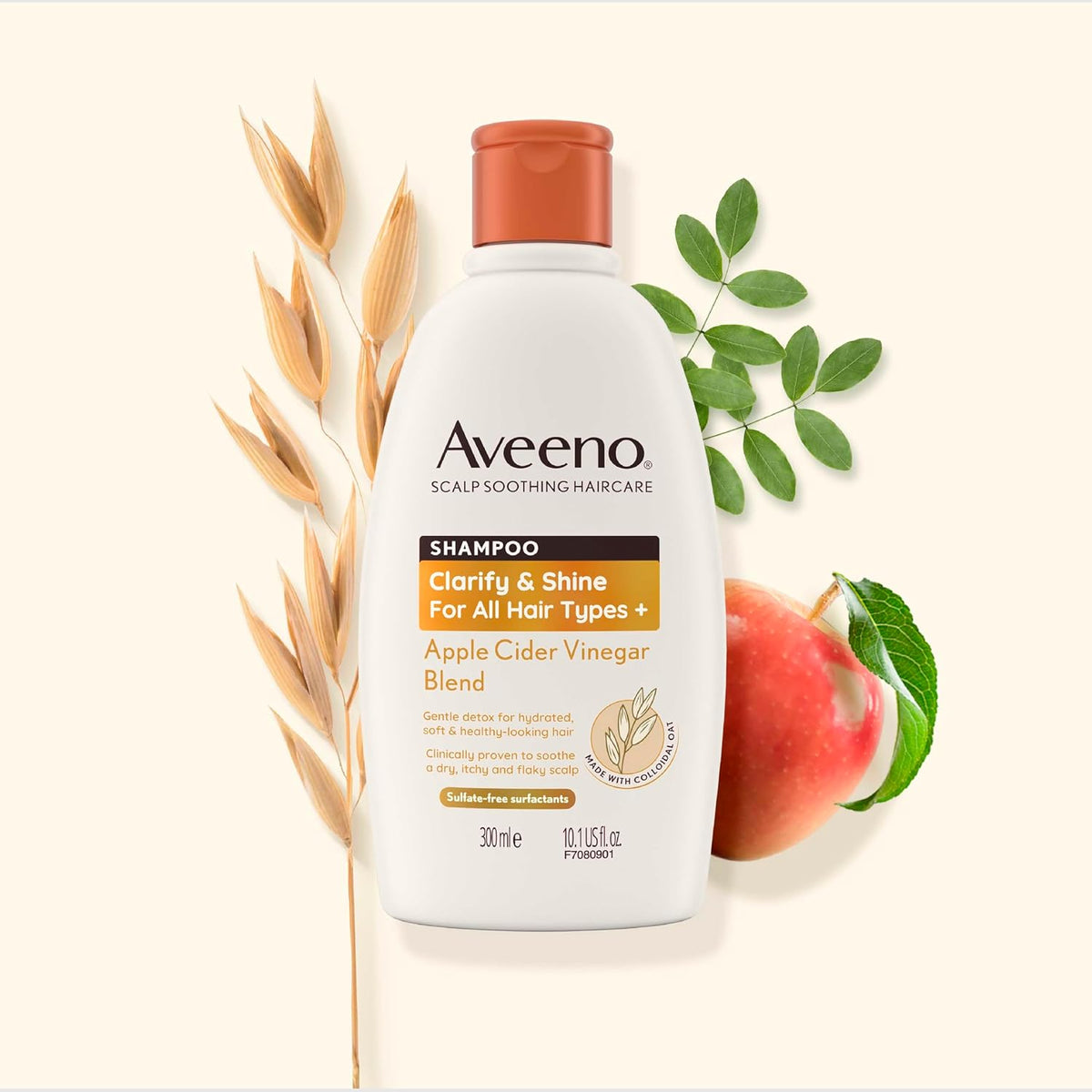 Aveeno Scalp Soothing Haircare Clarify & Shine Shampoo, Apple Cider Vinegar Blend, for All Hair Types, Soothes Dry, Itchy & Flaky Scalp, Clinically Proven, Sulfate Free, 300ml