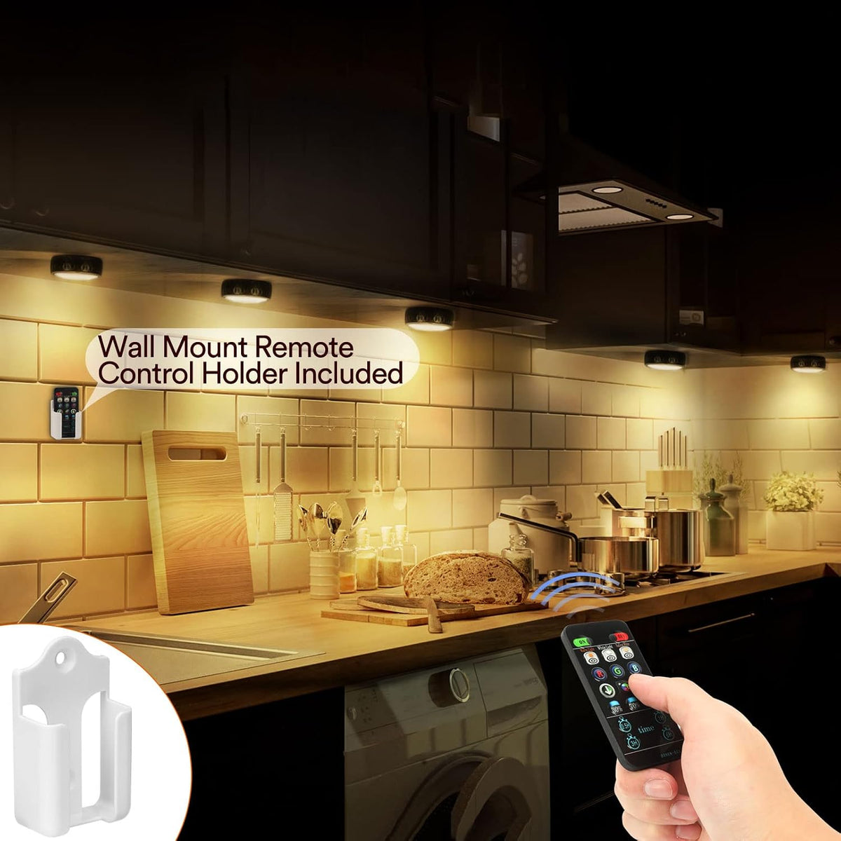 Onumii Under Cupboard Kitchen Lights Battery Operated LED Under Cabinet Lighting, Stick on Wardrobe Lights Under Counter with Remote Control, RGB Puck Light, 6 Pack - Black