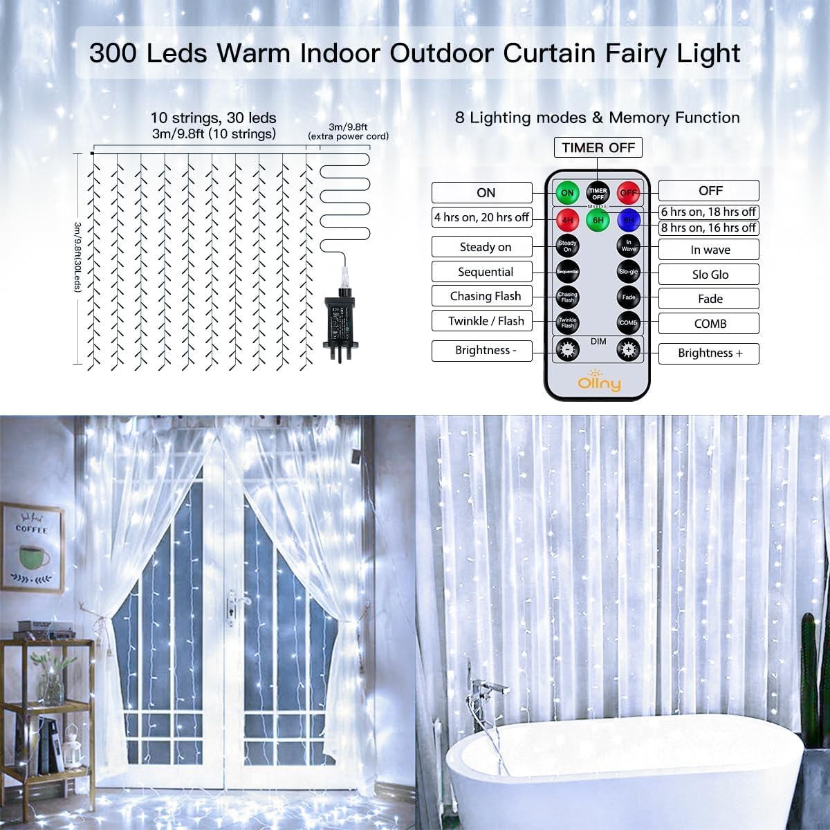 Ollny Curtain Fairy Lights, 300LED 3mx3m Waterfall Hanging String Lights