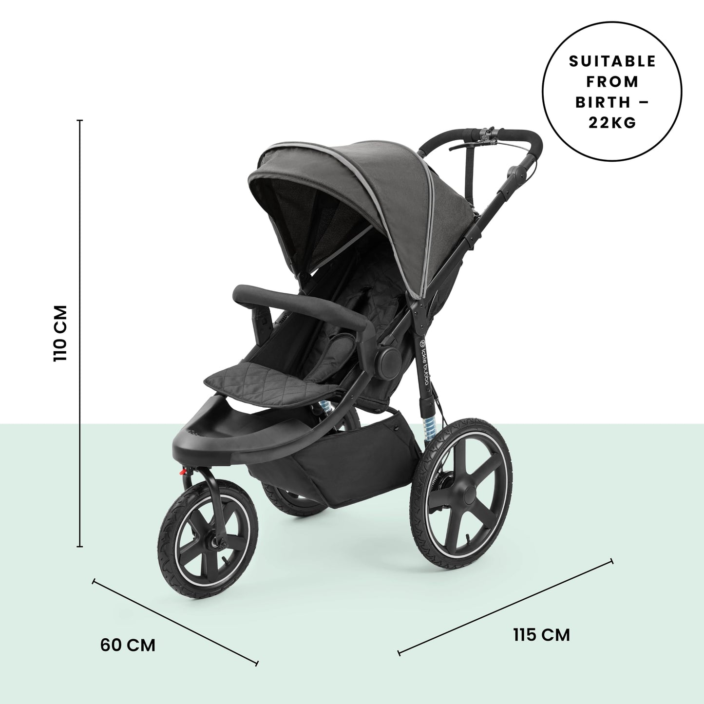 Ickle Bubba Venus Jogger Pro Max Stroller (Charcoal Grey) – All-Terrain 3-Wheel Pushchair from Birth to 22kg, Waterproof Hood & Footwarmer, Adjustable Handle, Cup Holder & Self-Locking Fold