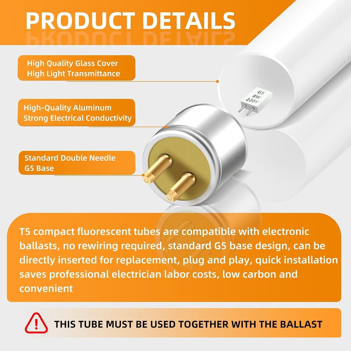 2 Pack 8W Fluorescent Tube, Size 300mm, T5 Warm White 3000K, 560LM, G5 Base Low Energy Consumption Tube Light, Emergency Energy Saving Light, Suitable for Kitchen, Bathroom, Cabinet, Garage