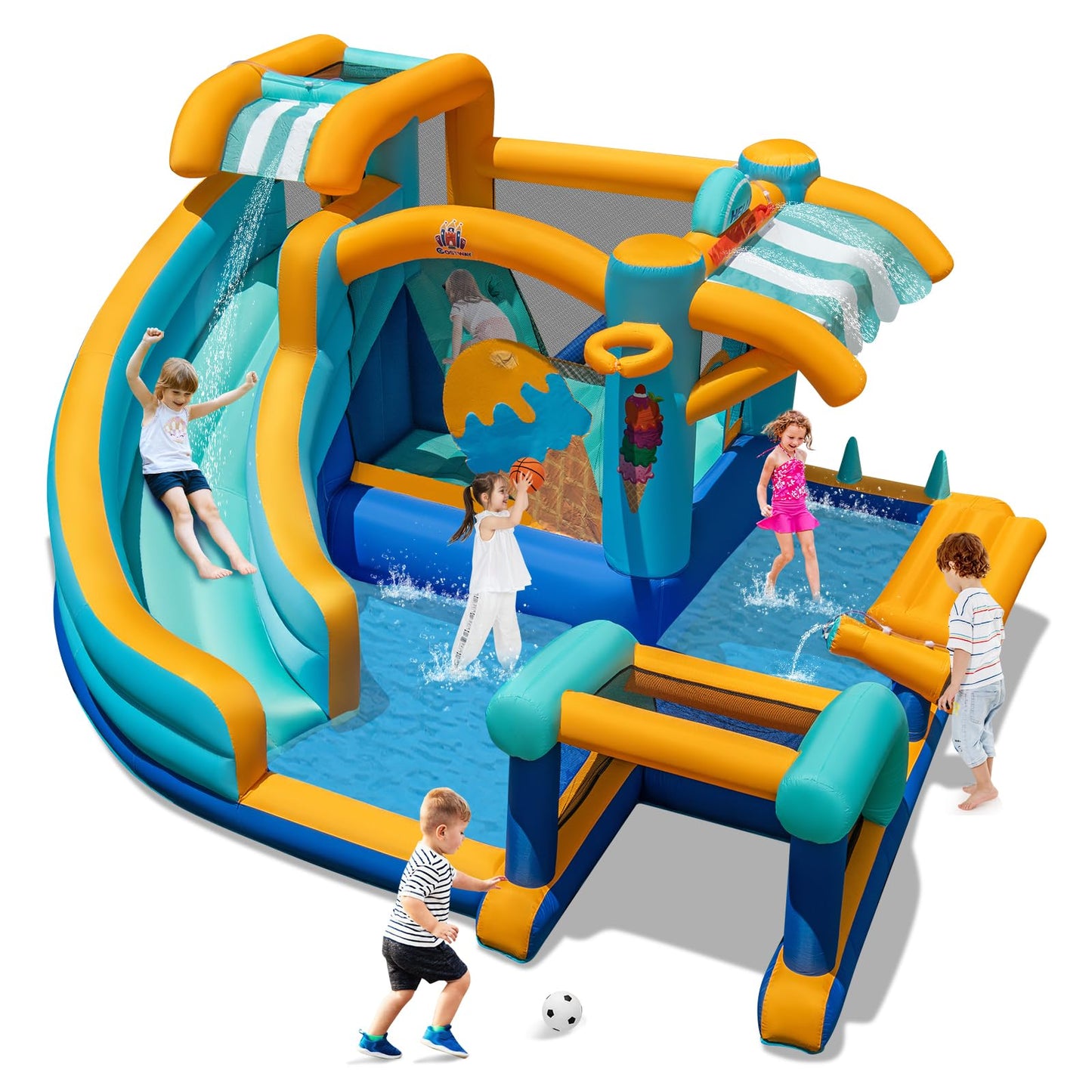 COSTWAY Ice Cream Themed Inflatable Water Park with Slide, Pool, Climbing Wall & Games — Ages 3-12