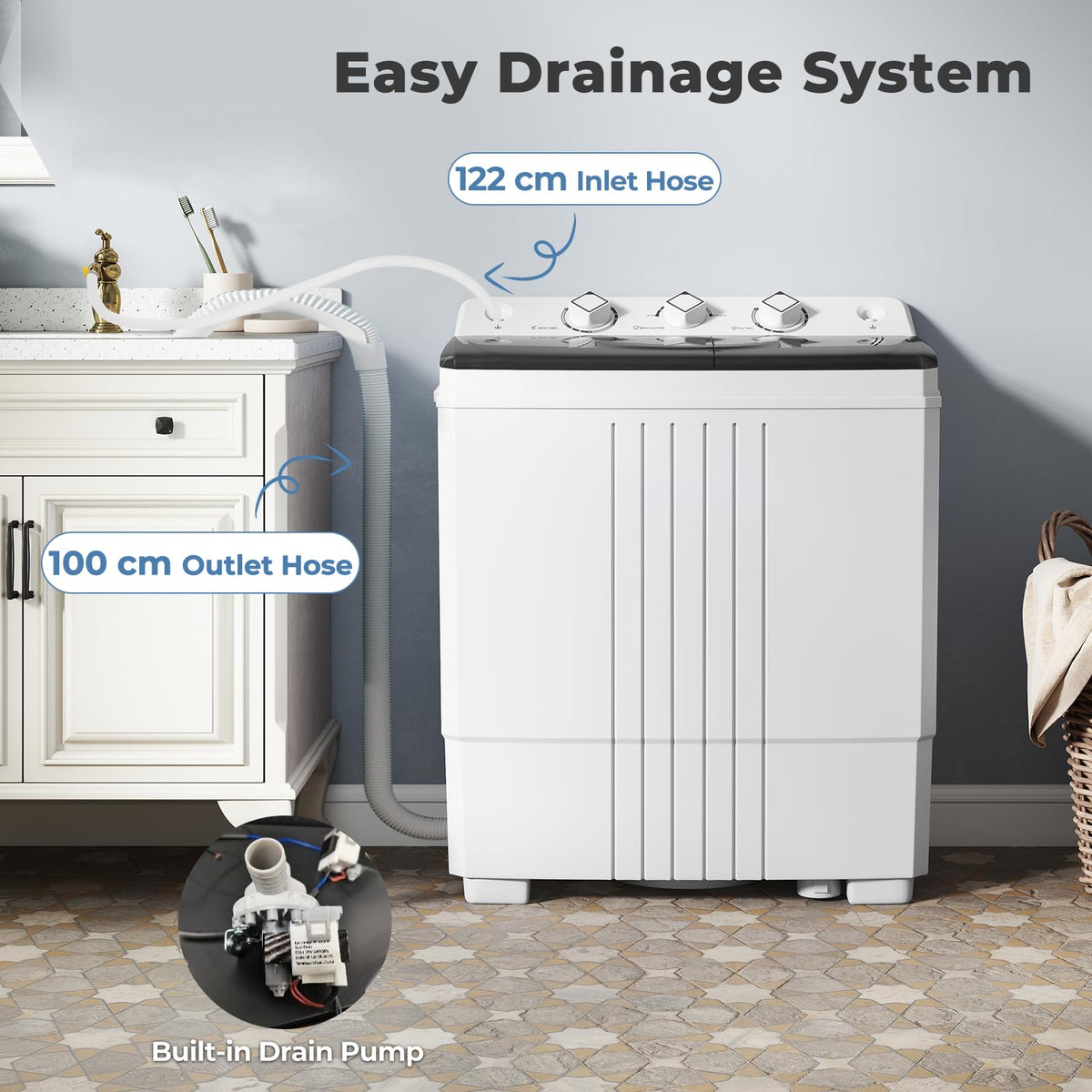 TANGZON Twin Tub Washing Machine, 8KG Portable Washing Machine Spin Dryer