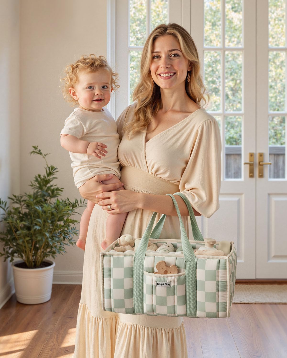 Blissful Diary Nappy Caddy Organiser, Baby Diaper Caddy for Nappy Station, Stylish Storage Basket for Newborn Essentials, Baby Shower Gifts for Girl or Boy, Woodland Cream