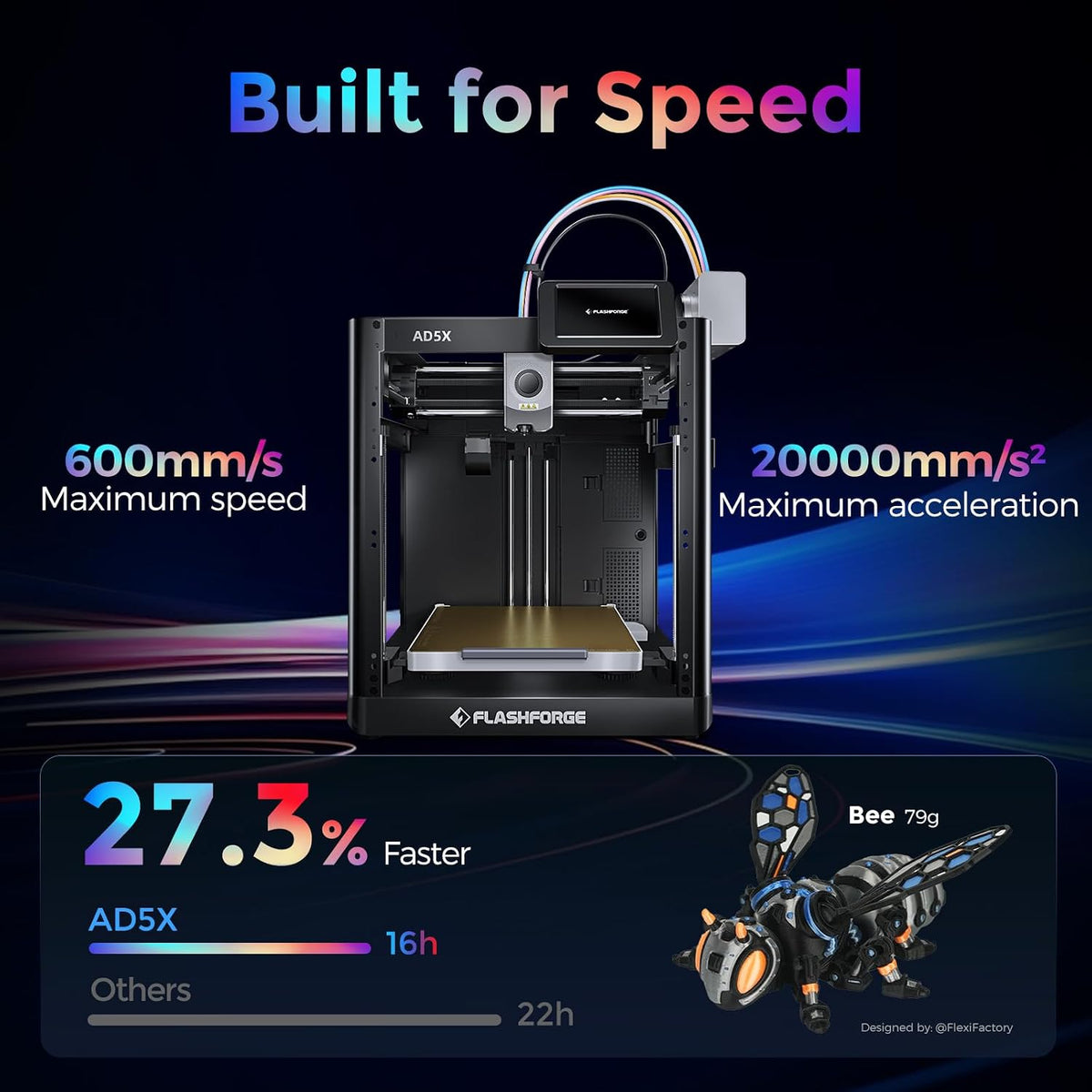 Flashforge Adventurer 5X 3D Printer with Multi-Color Printing,Customize with IFS,AD5X Multi-Material/Full-auto leveling 3D Printer,Max Speed: 600mm/s,Auto 4kg Filament Refill,Compact Integrated Design