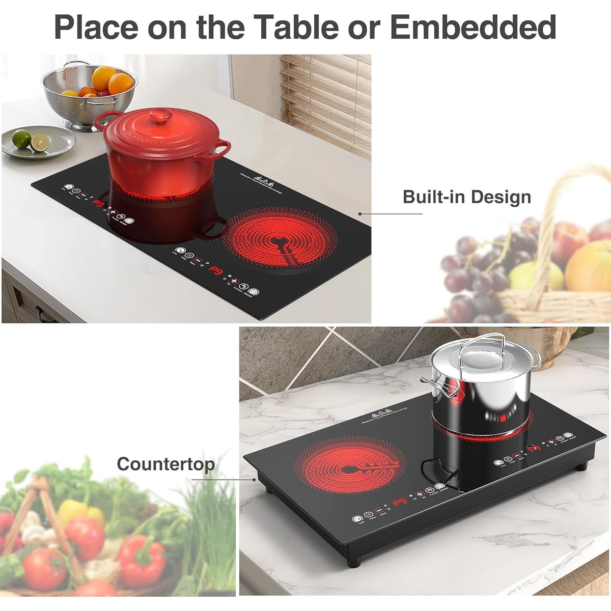 VBGK Double Induction Hob,220V 3600W 2 Ring Induction Hob with Knob Control,9 Power Levels, Kids Lock & Timer,LED Touch Control,Overheat Protection