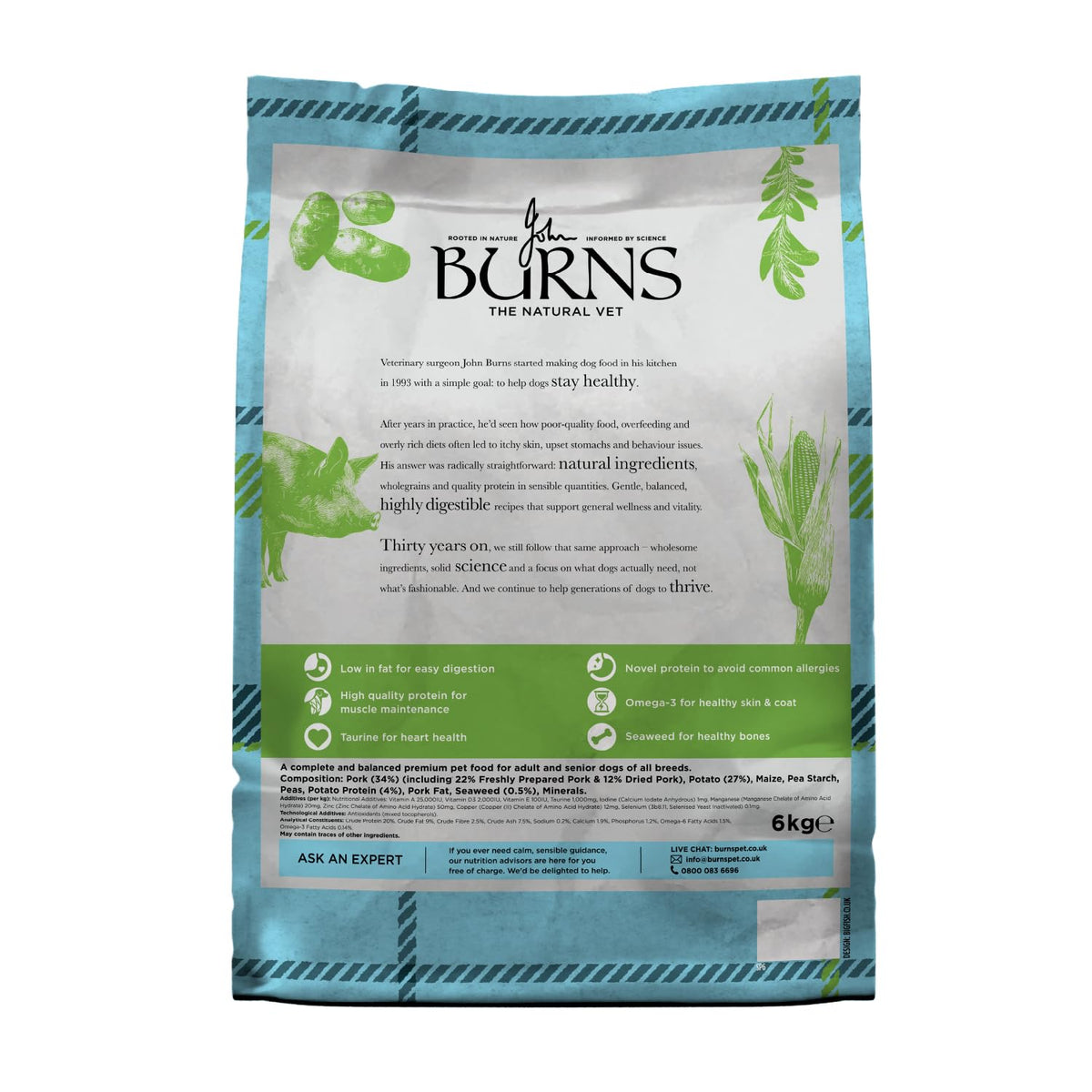 Burns Pet Nutrition Hypoallergenic Complete Dry Dog Food Adult and Senior Dog Sensitive with Pork and Potato 2 kg