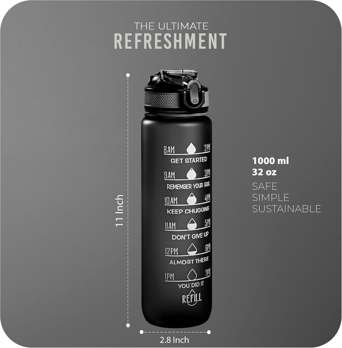 Roe Tenpo Sports Water Bottle with Straw and Time Marking, and 32OZ Capacity - Motivational and Eco-Friendly BPA-Free Bottle for Running, Gym, Yoga, Outdoors, and Camping (Style-1, Black)