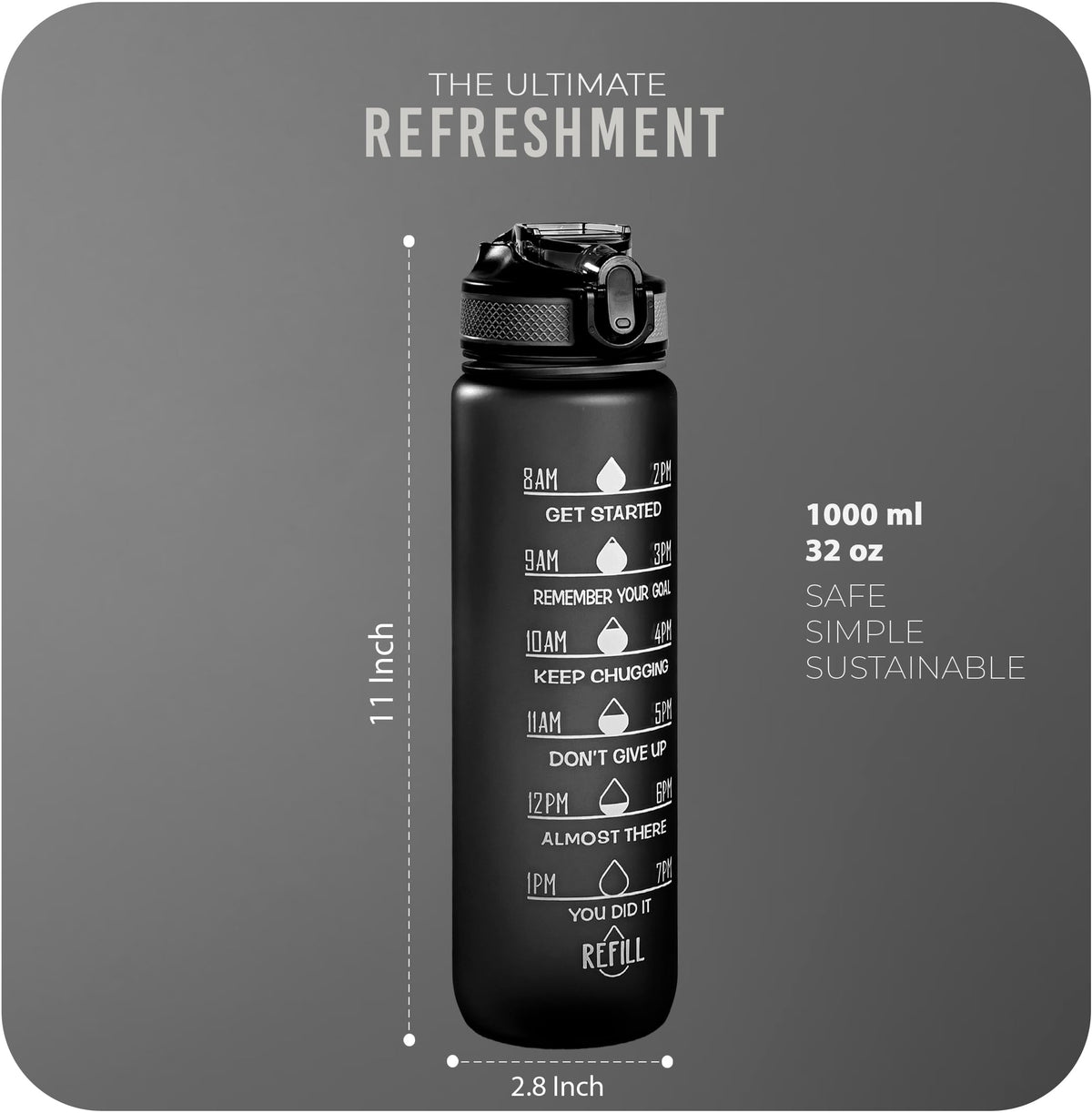 Roe Tenpo Sports Water Bottle with Straw and Time Marking, and 32OZ Capacity - Motivational and Eco-Friendly BPA-Free Bottle for Running, Gym, Yoga, Outdoors, and Camping (Style-1, Black)