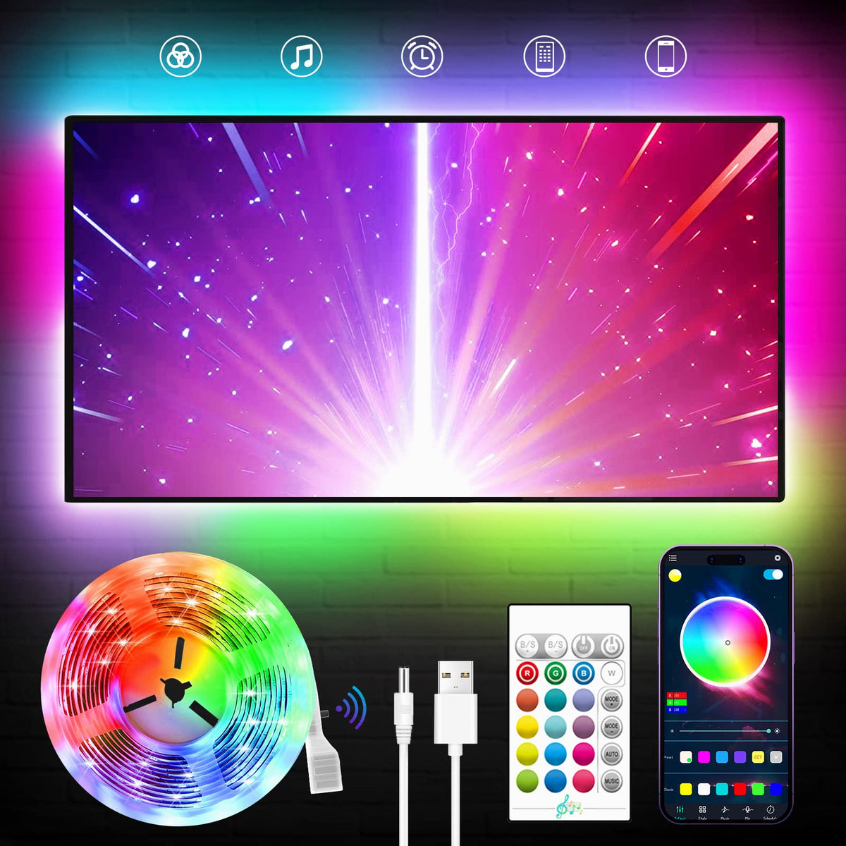 KANTUTOE TV Lights, 4m RGB LED Strip Lights for 32-55 Inch TV, Music Sync Bluetooth APP and Remote Control, USB Powered for Gaming/Bedroom