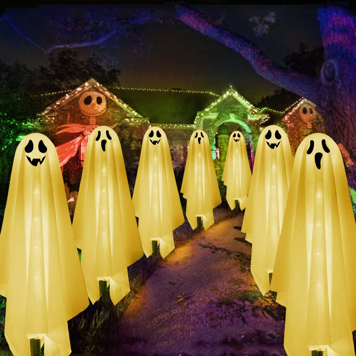 Set of 6 Solar Ghost Stake Lights, Halloween Decorations Outdoor, Scary Spooky Garden Patio Grave Lawn Porch Pathway Lights for Outside Yard Trick or Treat Halloween Party Decor Cool White