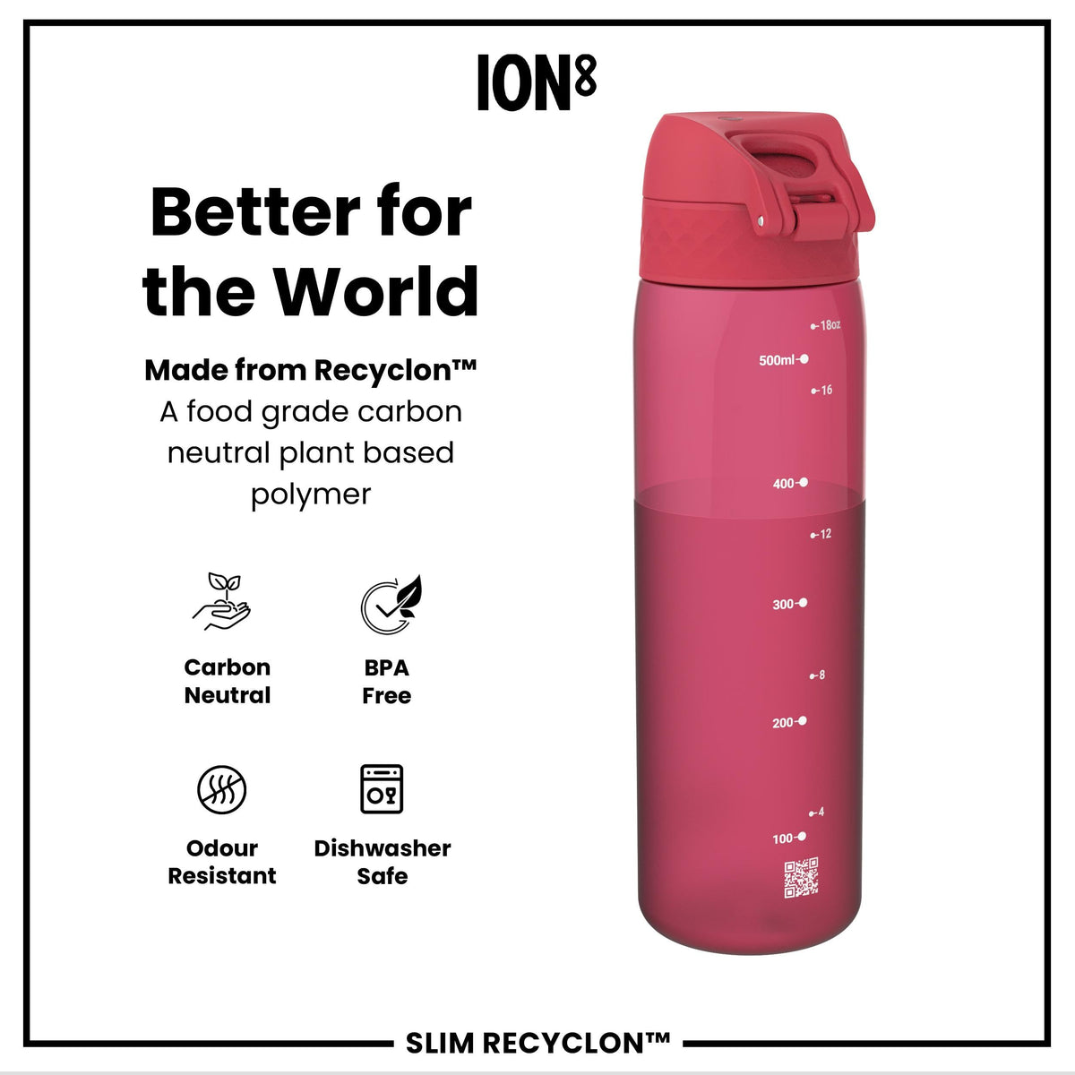 Ion8 Water Bottle, 500 ml/18 oz, Leak Proof, Easy to Open, Secure Lock, Dishwasher Safe, Hygienic Flip Cover, Carry Handle, Fits Cup Holders, Easy Clean, Hot Pink