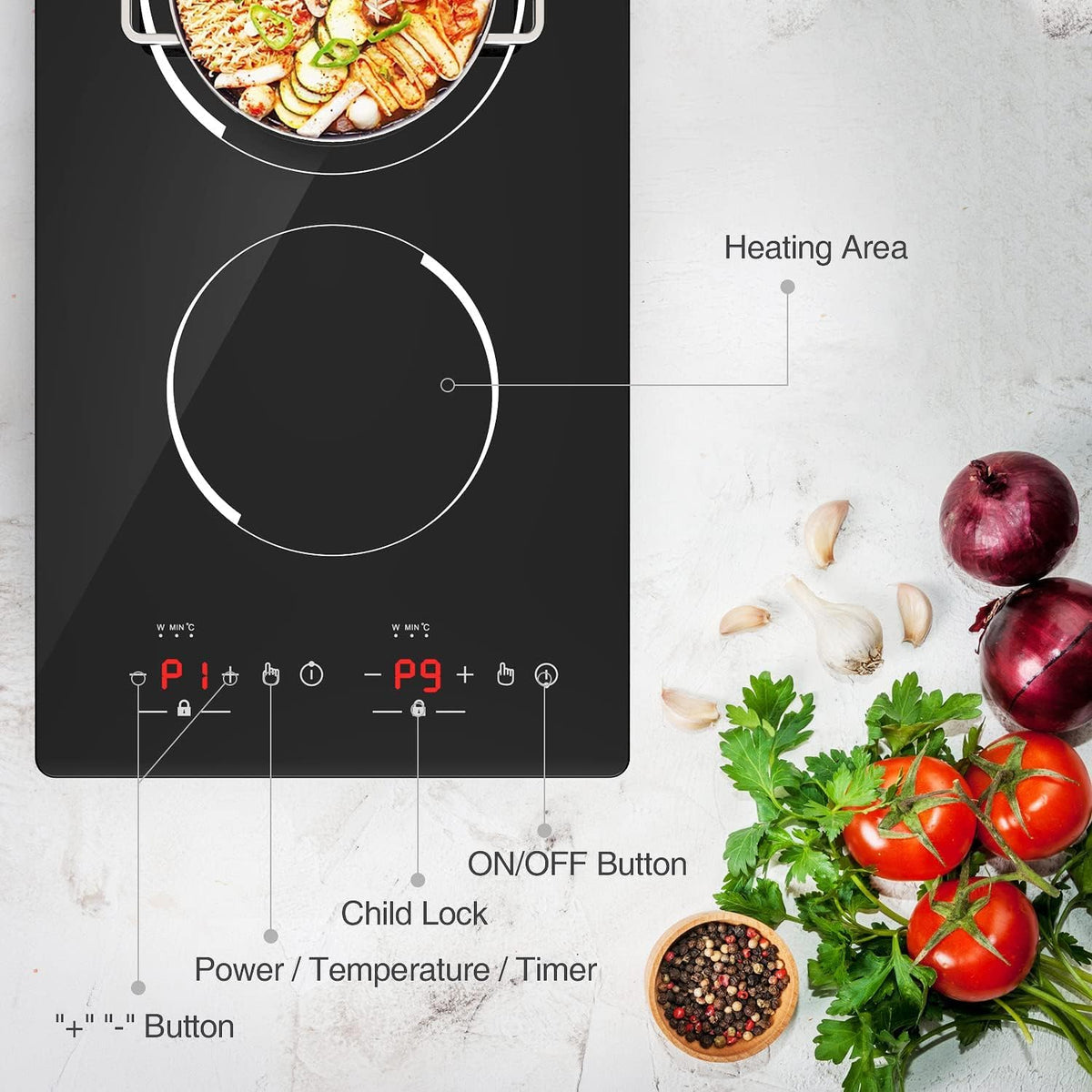 VBGK Portable Ceramic Hob, 2000W Portable Electric Hob, Electric Ceramic Hob, Single Cooking Zone with LED Display, 4-Hours Timer, Safety Lock, Residual Heat Indicator