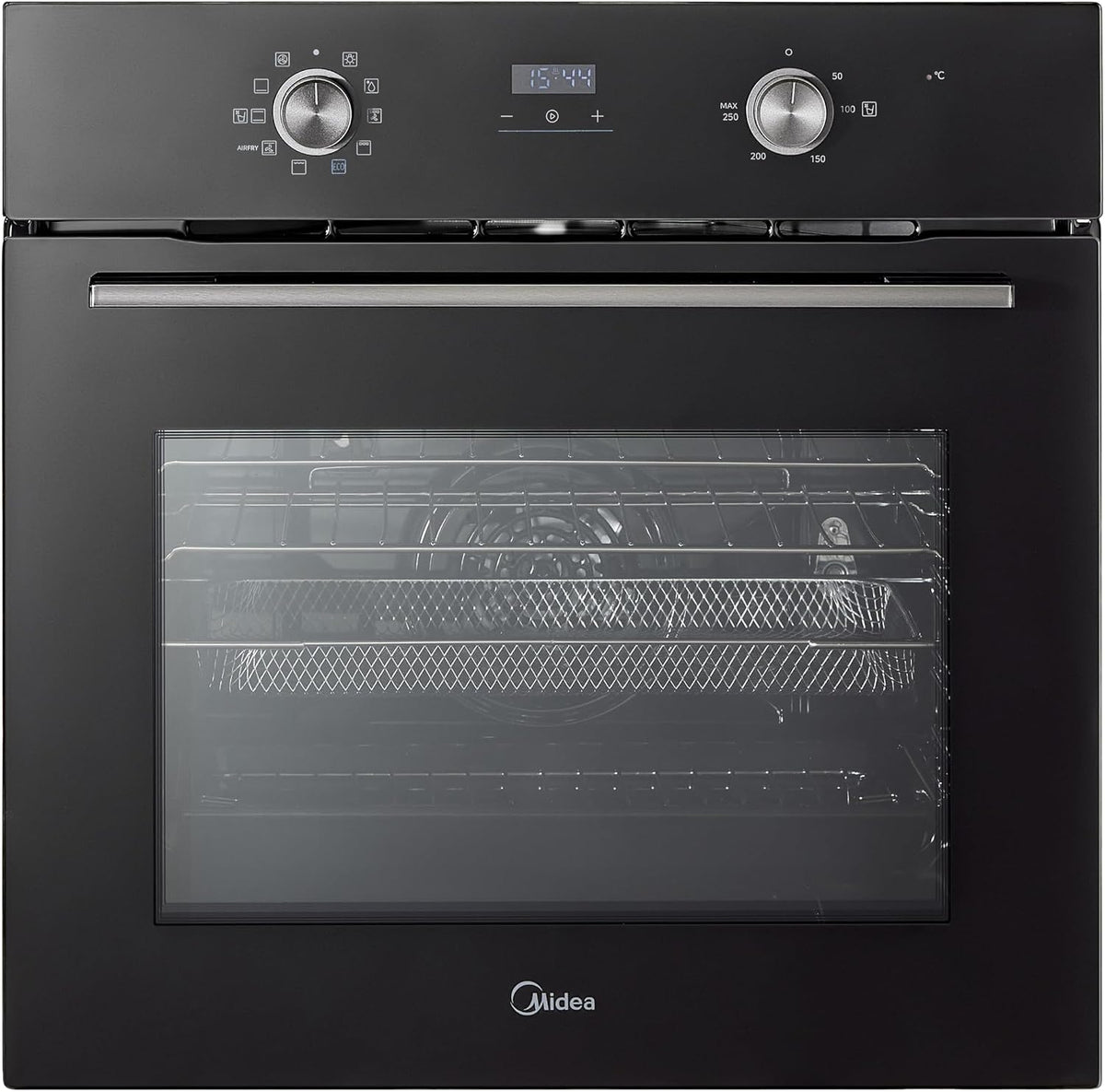 Midea 71L, 60cm Wide, Single Electric Built-in Fan Oven with Air Fry, 12 Oven Functions, Aqua Clean, LED Display, Convection, ECO, MultiLevel Cooking, Color Black - MBO65M90D2-BK