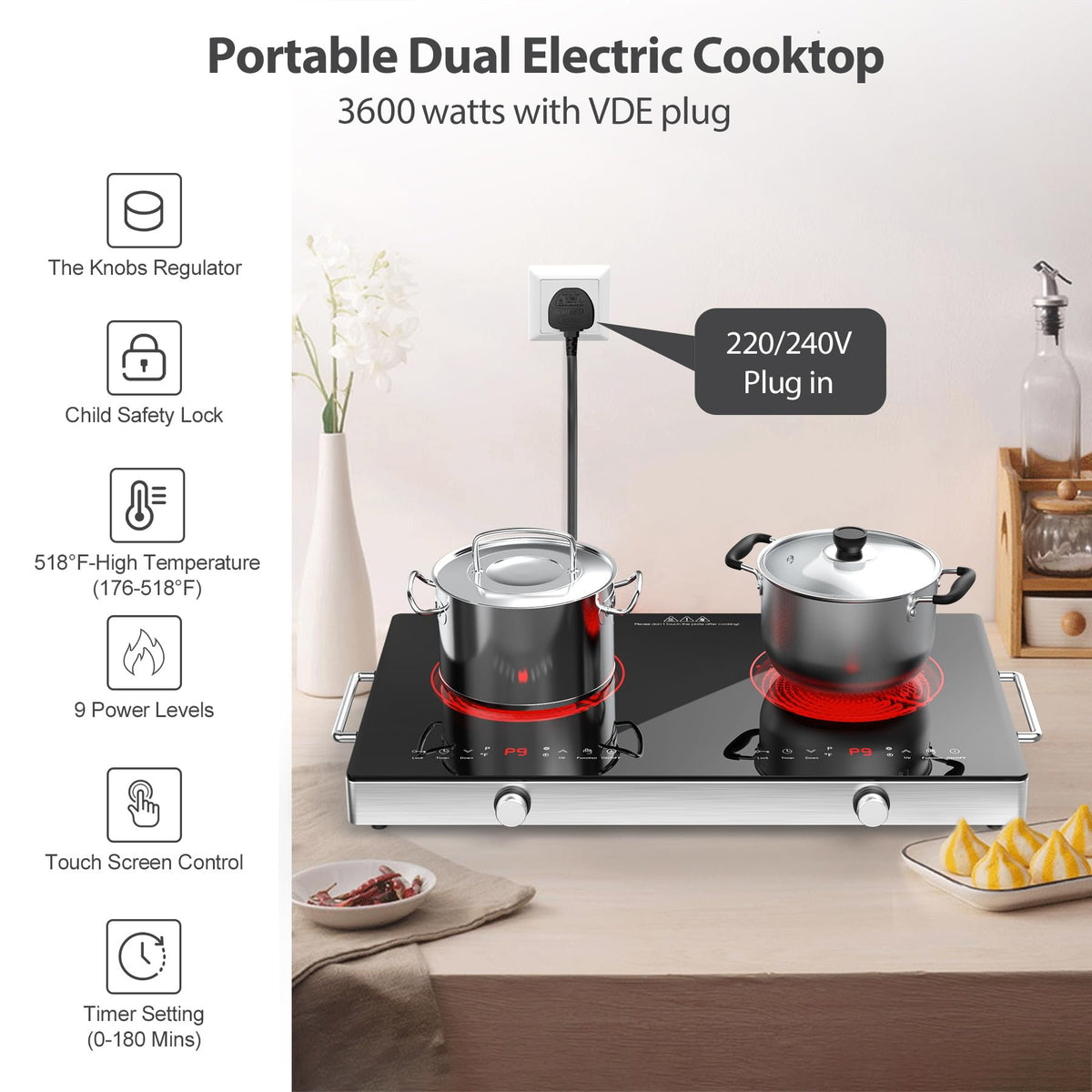 VBGK 2 Ring Electric Hob with Knob, 220V 3000W Double Ceramic Hob, 9 Power Levels, Kids Lock & Timer, Hot Surface Indicator, Overheat Protection, Knob and Touch Control Double Electric Hob