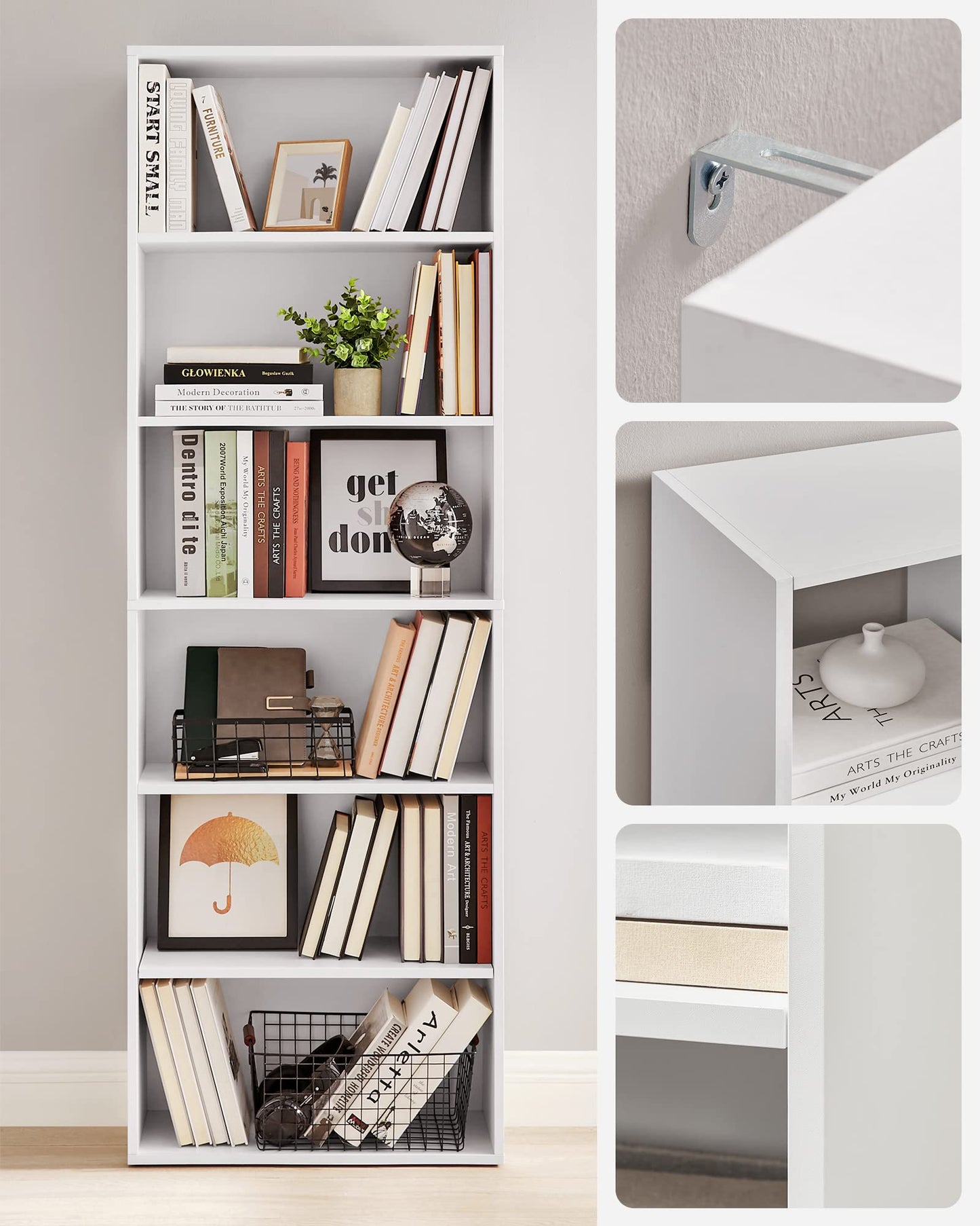 VASAGLE Bookcase, 6-Tier Bookshelf, Open Storage Shelf, Shelving Unit, 24 x 60 x 178.5 cm, for Living Room, Home Office, Dinning Room, Cloud White LBC169T14