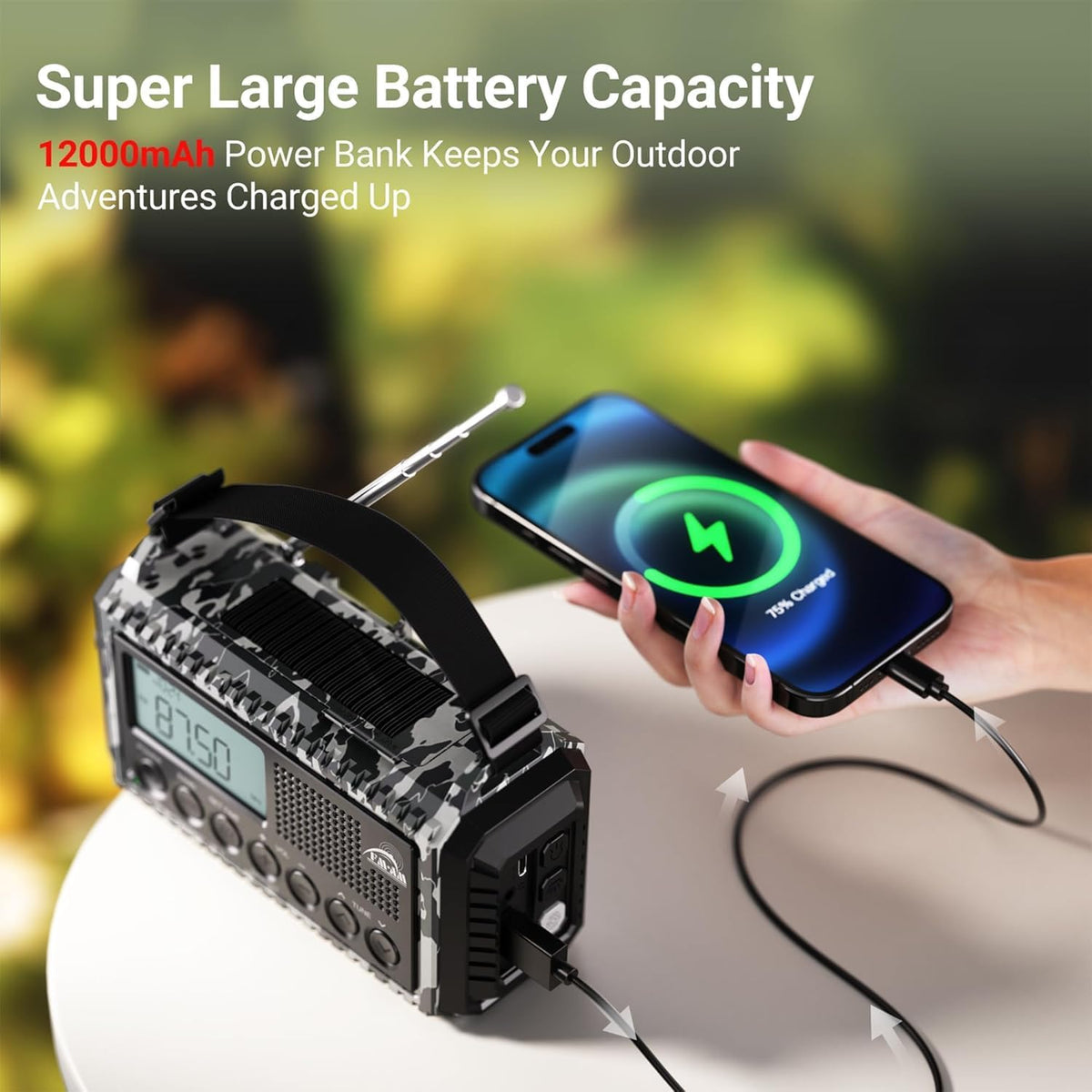 Emergency Hand Crank & Solar Powered Radio with USB Phone Charger, 12000mAh Battery, AM/FM/SW, SOS Alarm, and Flashlight – Portable Survival Radio for Outdoor Adventures (Camouflage Gray)