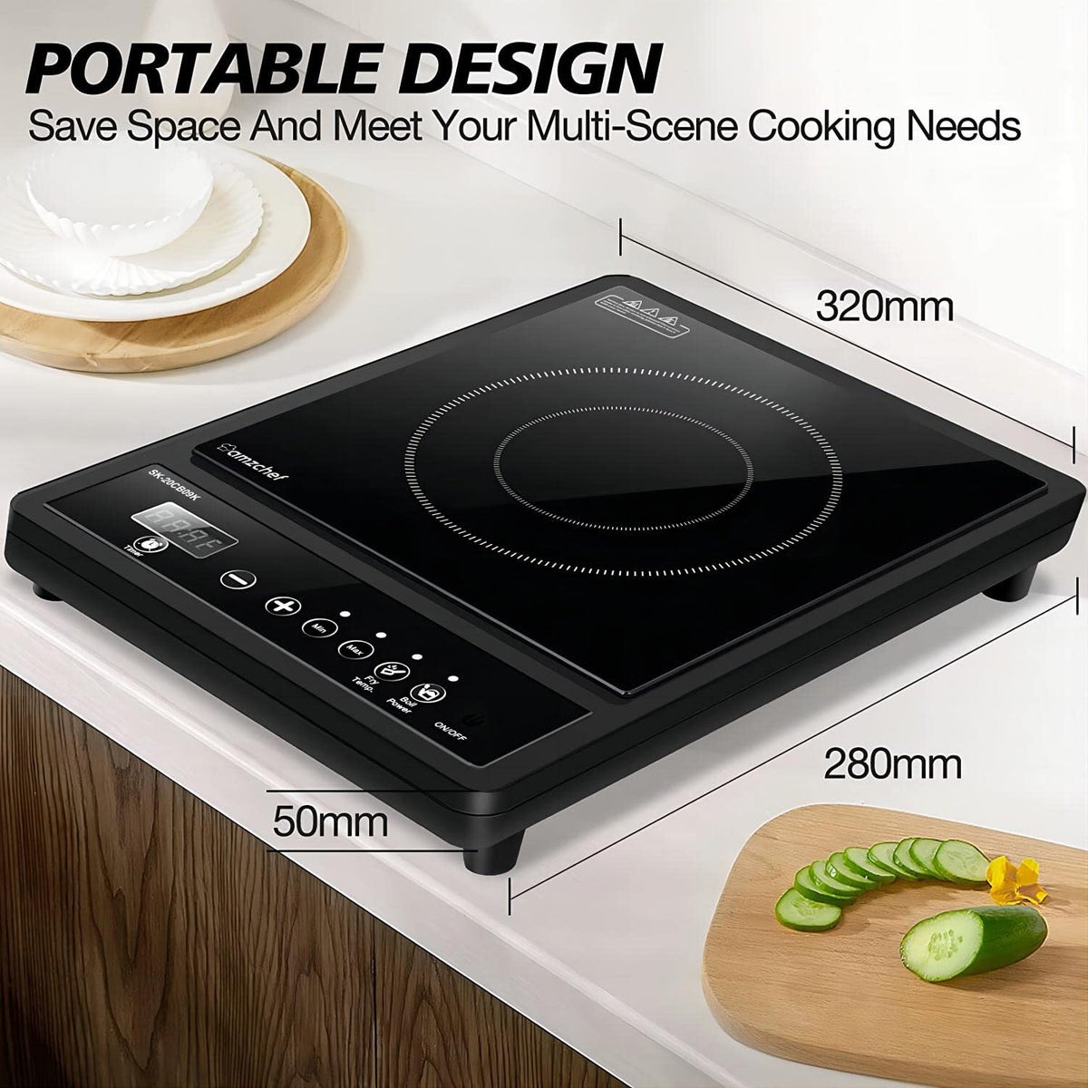 AMZCHEF Single Induction Cooker, Ultra-thin Induction Hob with Fashion Look, 20-level Power and Temperature Control, Black Frosted Glass Panel, Touch Sensor, 3-hour Timer, Safety Lock