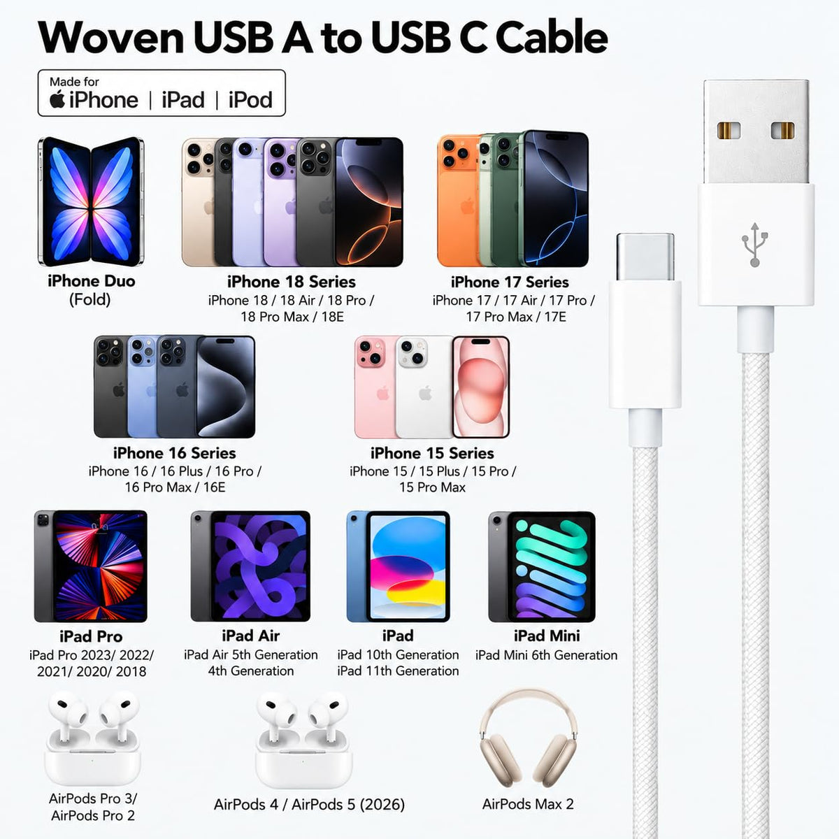 IPhone 18/17/16/15 Car Carplay Charger Cable, USB A to USB C Woven Cable Compatible for IPhone 17E, 16E,18/17/16/15 pro max, Plus, Air Charging Cord, AirPods 4/5 Pro(2nd/3rd Gen) Charging Power Cable