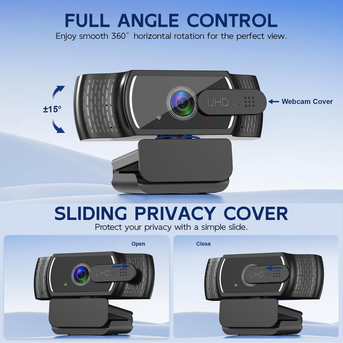 YIMONA FHD 1080P/30fps Webcam for PC/Laptop/Mac, 110° View Webcam with Mics, Privacy Cover, Auto Light Correction, Fixed Focus, Plug&Play USB Web Camera for Live Streaming, Video Calling, Conferences
