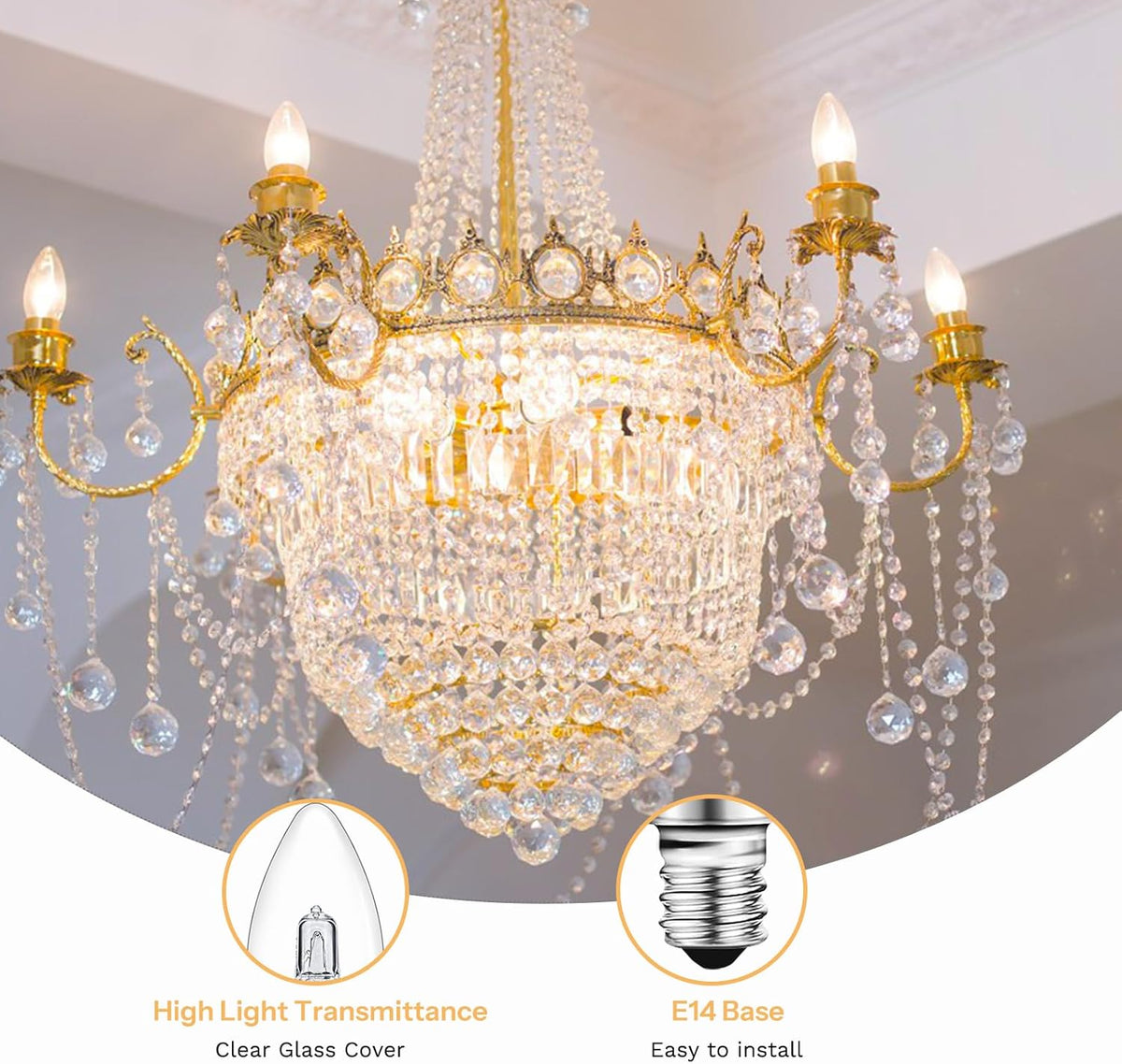 Caldarax E14 Candle Light Bulbs Dimmable, 650LM Warm White 2700K, 230V Clear Glass SES Small Edison Screw Decorative Lamps E14 for Chandelier, Wall Lights, Table Lamps, Pack of 5