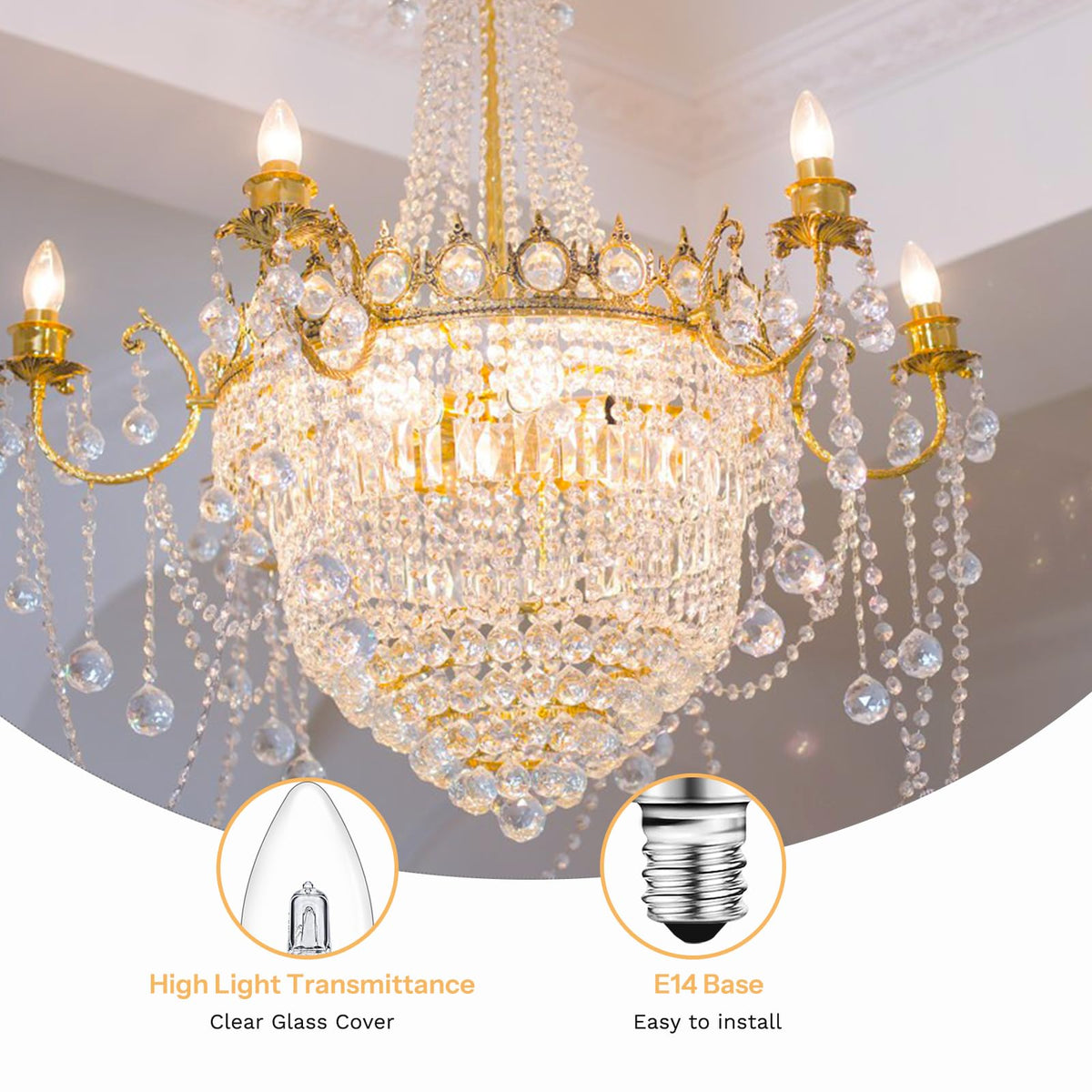 Caldarax E14 Candle Light Bulbs Dimmable, 650LM Warm White 2700K, 230V Clear Glass SES Small Edison Screw Decorative Lamps E14 for Chandelier, Wall Lights, Table Lamps, Pack of 5