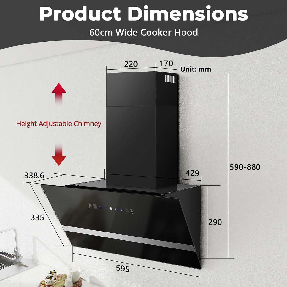 SNDOAS 90cm Cooker Hood, A+++, 450m³/h, 3 Speed & Booster, Black