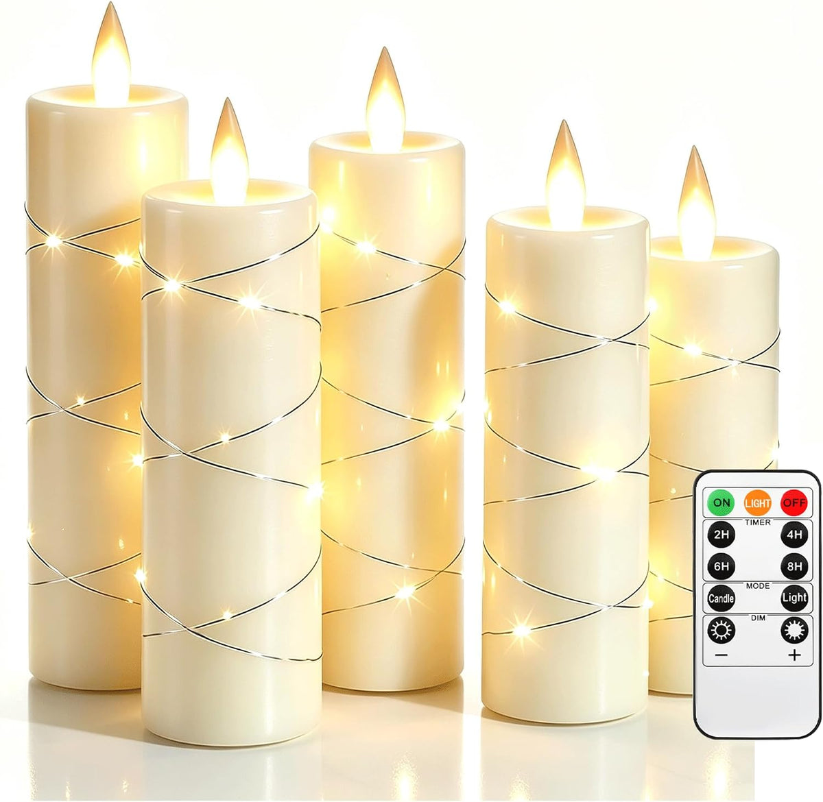 Da by 3 Pack Ivory Flameless LED Candles with Fairy Lights, Realistic Moving Flame Paraffin Wax Candles, Remote Control, Soft Warm Light, 8cm D x 12.5/14.5/16.5cm H, Indoor Wedding Home Decor